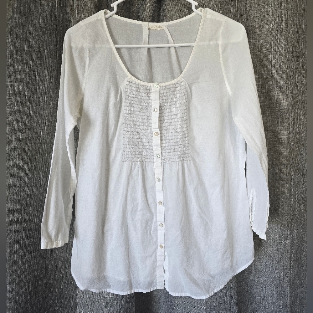 Eileen Fisher Organic Cotton Peasant Top Button Down Smocked Sz M White